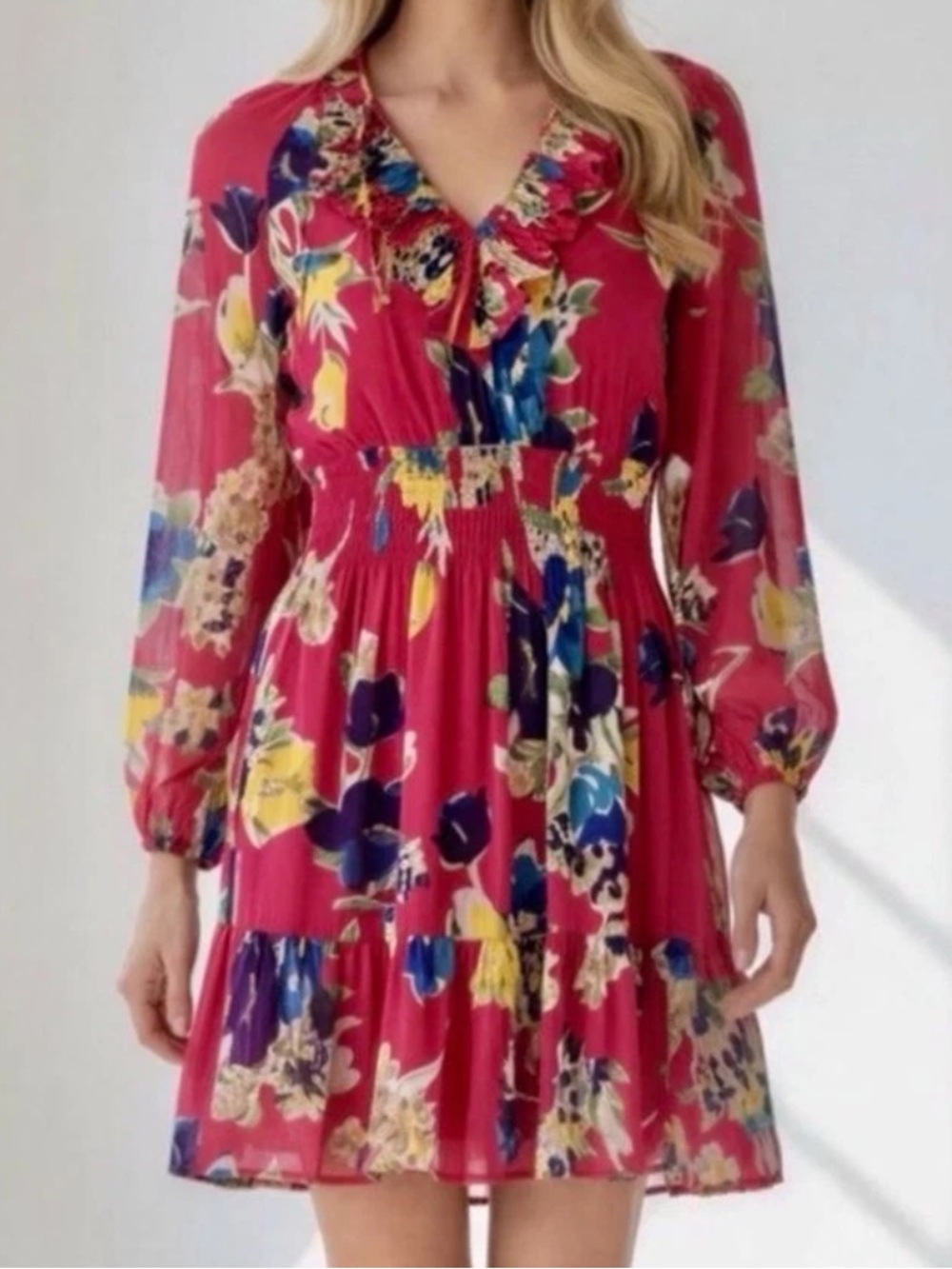 LAUREN RALPH LAUREN Floral Crinkle Georgette Long-Sleeve Pink Dress Sz 6